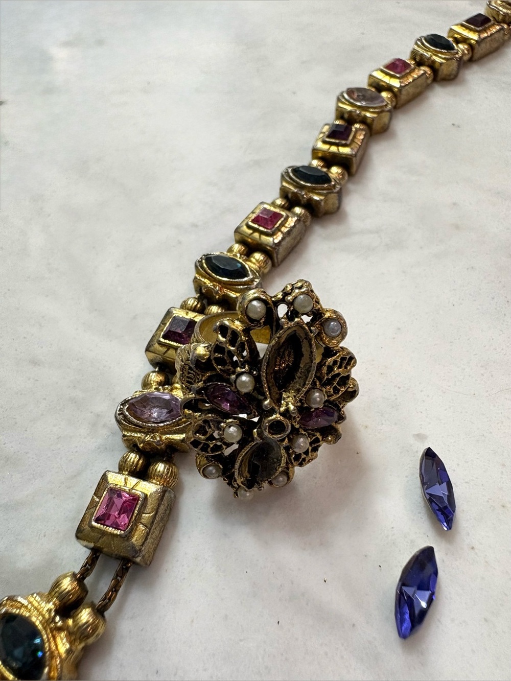 Upcycled Slide Bracelet & Cocktail Ring w Multicolor Gems & Vintage Rhinestones.